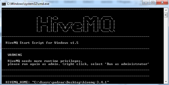 O protocolo da HiveMQ será exibido de forma similar ao Prompt de comando
